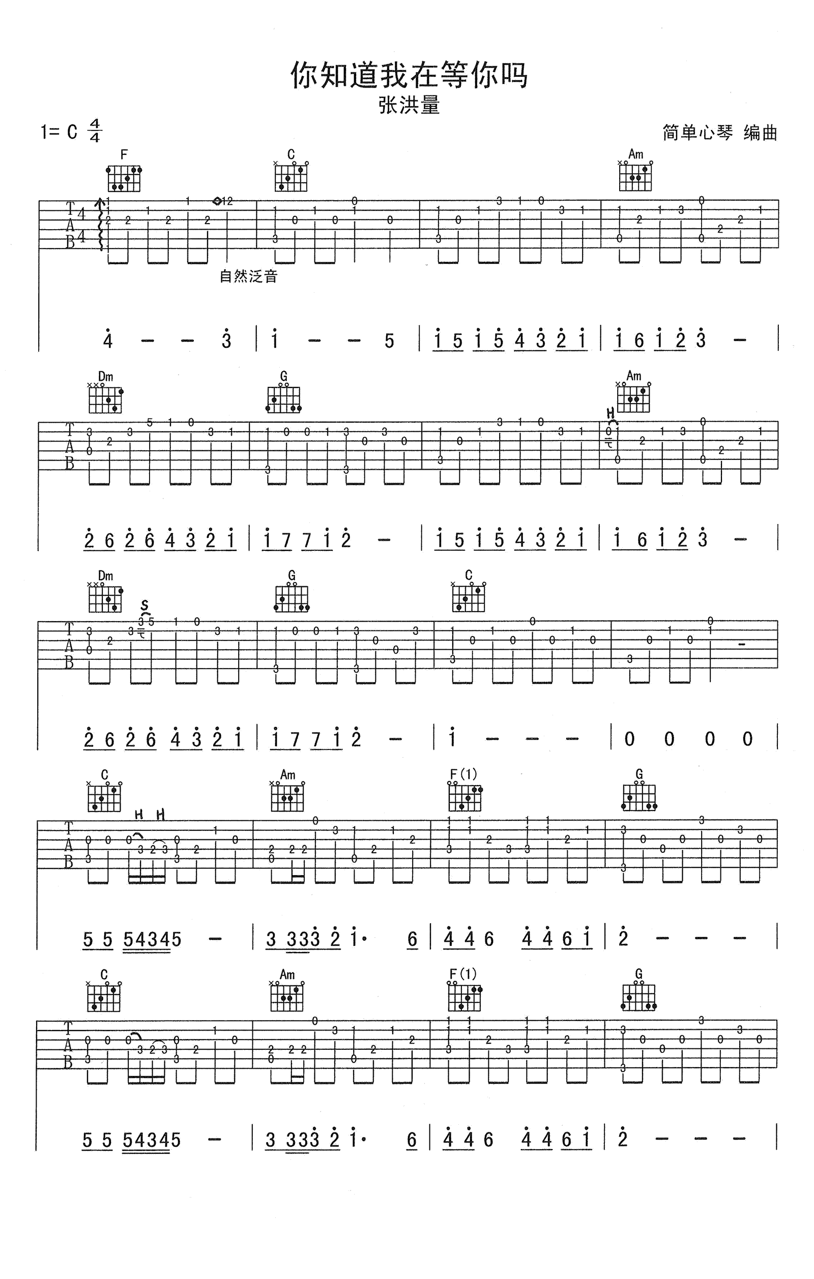 《你知道我在等你吗》指弹谱 张洪量 吉他独奏示范视频