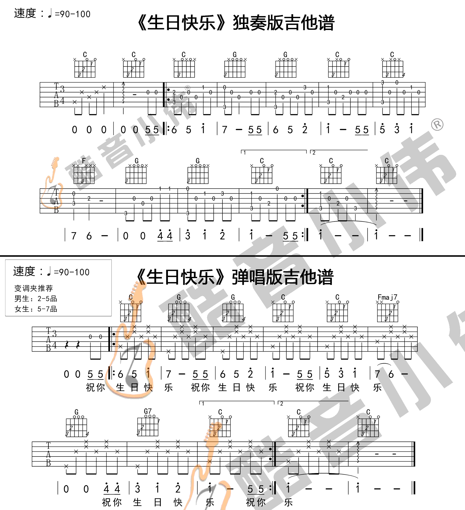 生日快乐吉他谱 弹唱谱 独奏谱 吉他入门教学视频